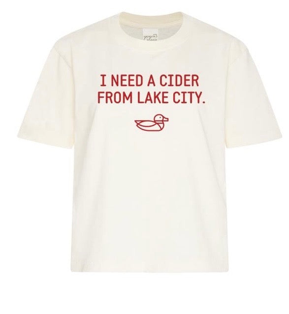 "I NEED A CIDER FROM LAKE CITY" Beige Cropped T-Shirt